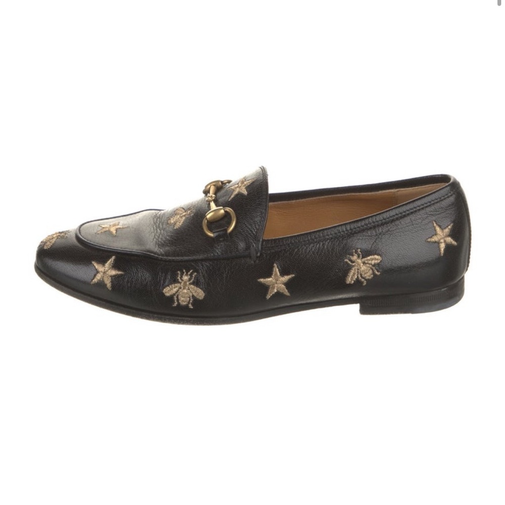 Gucci Black Leather Horsebit Loafers with Gold Embroidered Stars & Bees size 36